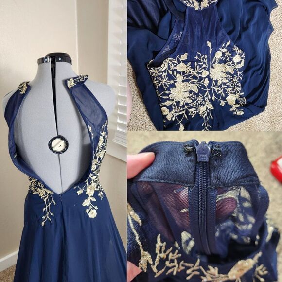 Betsy & Adam Embellished Chiffon Illusion Halter Gown Navy Gold Floral Size 8 - Picture 10 of 15